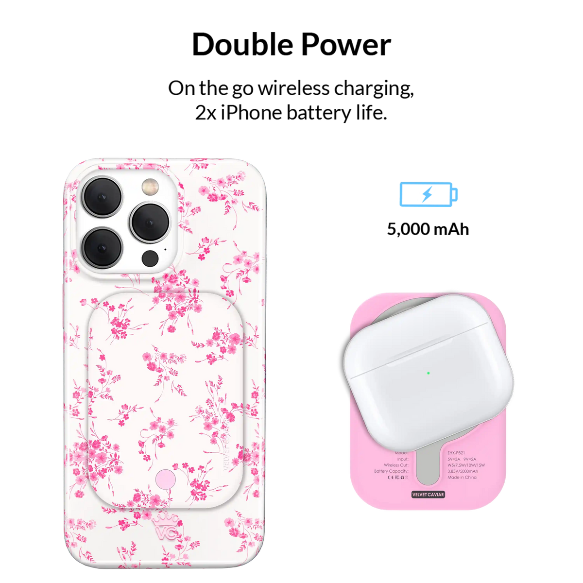 French Rose Floral Portable MagSafe Charger Power Pack