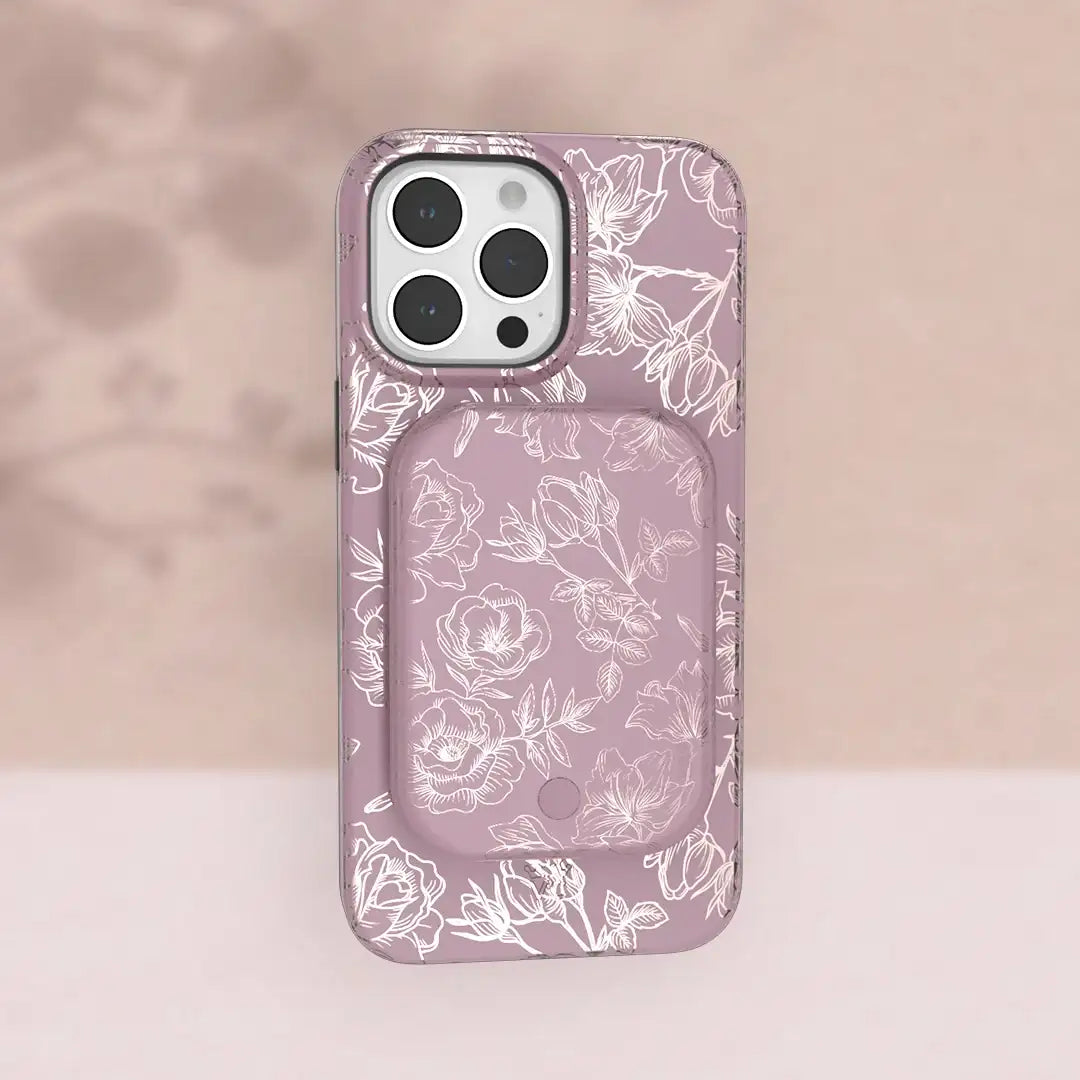 Dusty Rose Chrome Floral Portable MagSafe Charger Power Pack